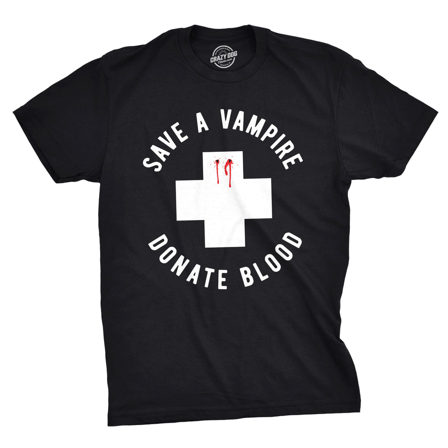 Funny Black Save A Vampire Donate Blood Mens T Shirt Nerdy Halloween Sarcastic Tee