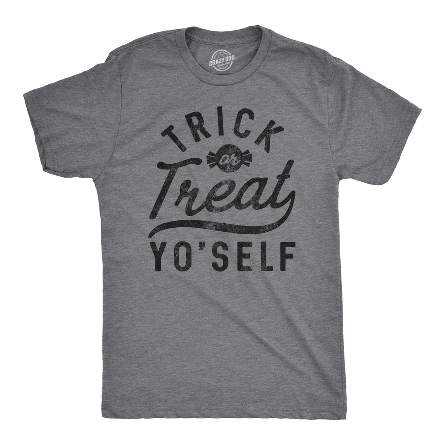 Funny Dark Heather Grey Trick Or Treat Yo'Self Mens T Shirt Nerdy Halloween Food TV & Movies Tee