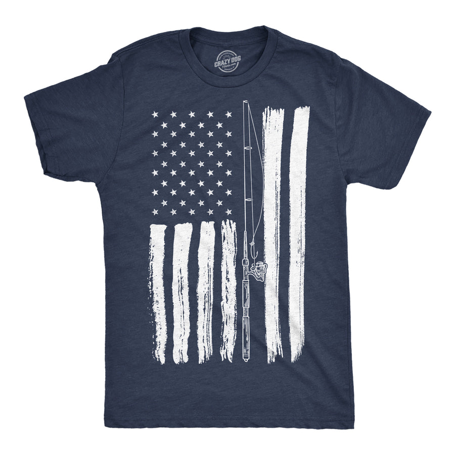 Funny Heather Navy - USA Flag Fishing USA Flag Fishing Pole Mens T Shirt Nerdy Fourth Of July fishing Tee