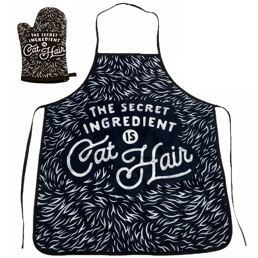 Funny Black The Secret Ingredient Is Cat Hair Oven Mitt + Apron Nerdy Cat Tee